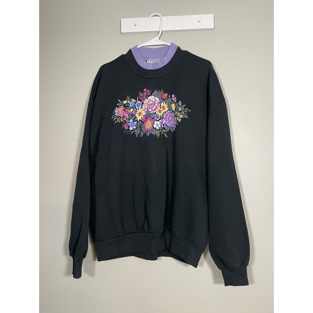 Morning Sun Sweatshirt Women XL Black Excellent Vintage Floral Mock Neck 90s USA